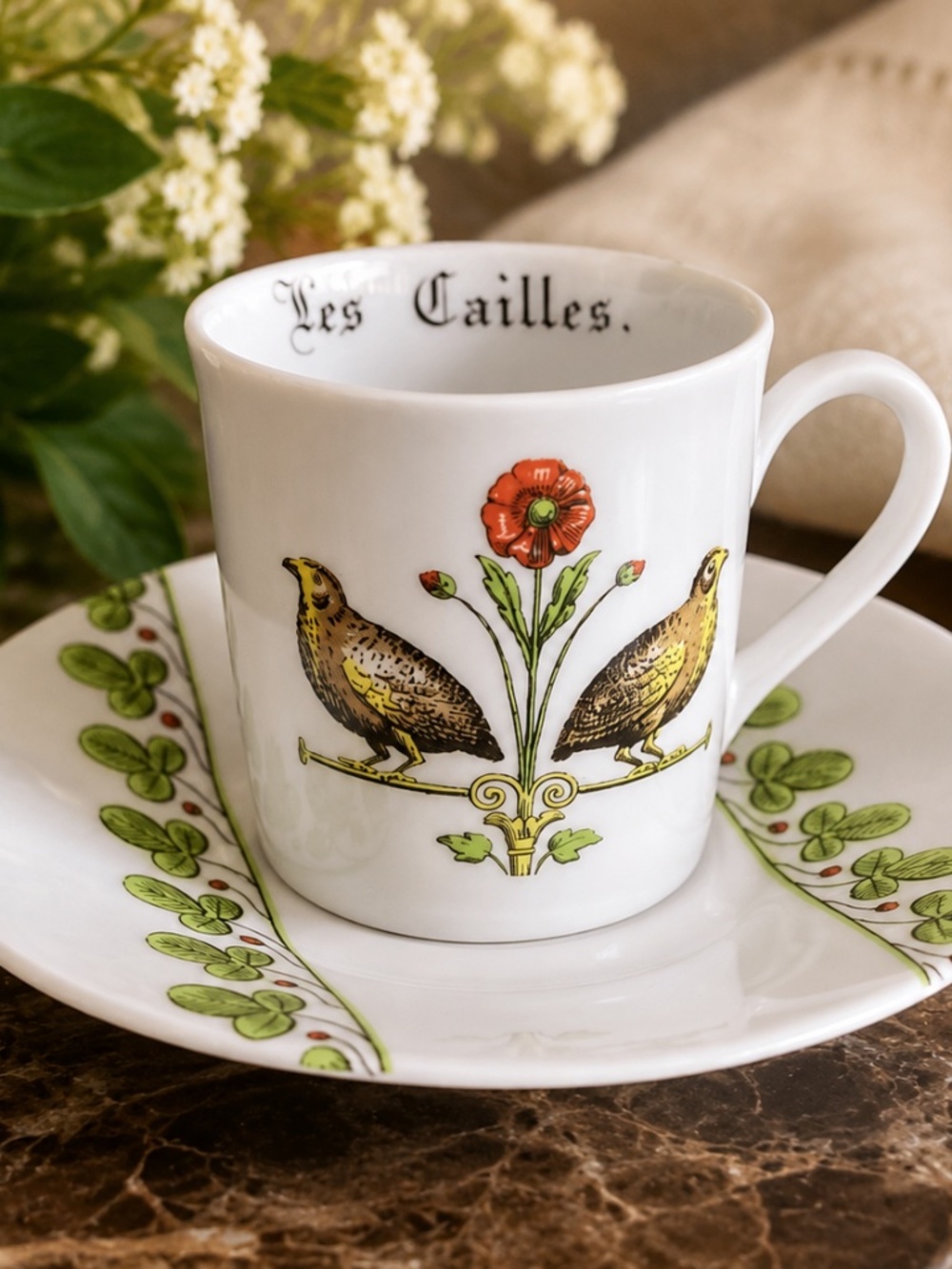 Porcelaine de Paris "Les Cailles" Quail Demitasse Cup & Saucer–French Porcelaiai